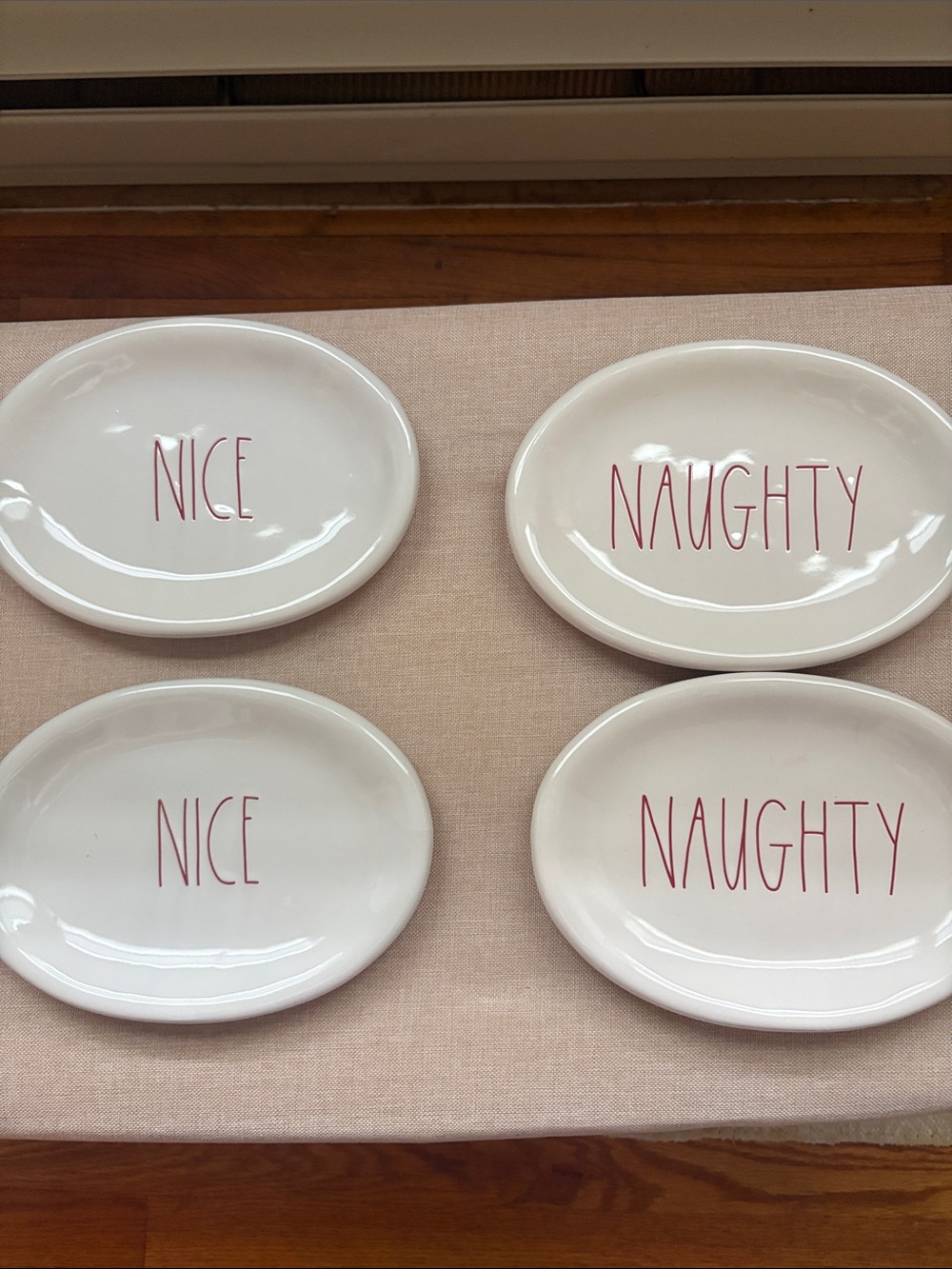 Rae Dunn White Oval Ceramic Plates with Red Lettering - Set of 4